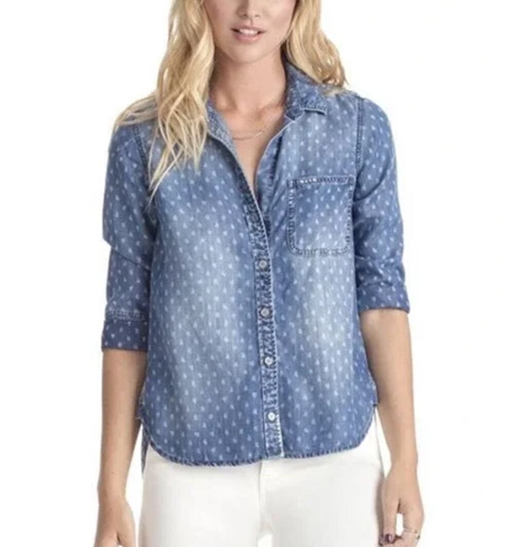 CLOTH & STONE Chambray Button-Down Shirt Roll-Up 3/4 Sleeve Printed Blue Size XS